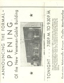 Announcement for the Formal opening of the Veneman-Gable Buidling at 1609-1611 University Avenue